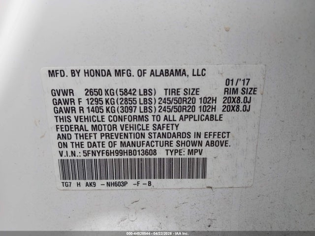 Auction sale of the 2017 Honda Pilot Touring, vin: 5FNYF6H99HB013608, lot number: 44928544
