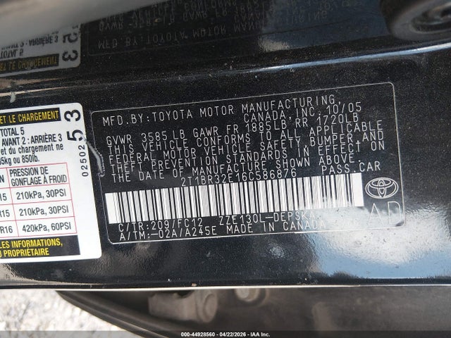 Aukcja sprzedaży 2006 Toyota Corolla S, vin: 2T1BR32E16C586876, numer aukcji: 44928560