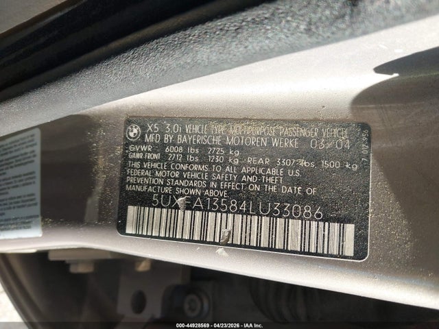 44928569 :رقم المزاد ، 5UXFA13584LU33086 vin ، 2004 Bmw X5 3.0i مزاد بيع