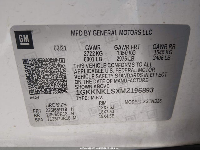 Продажа на аукционе авто 2021 Gmc Acadia Fwd Sle, vin: 1GKKNKLSXMZ196893, номер лота: 44928575