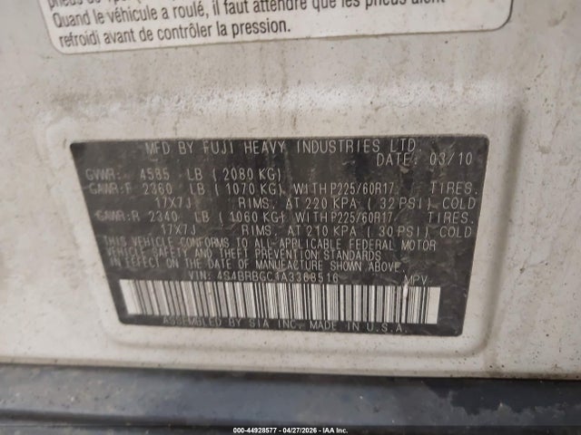 44928577 :رقم المزاد ، 4S4BRBGC1A3368516 vin ، 2010 Subaru Outback 2.5i Premium مزاد بيع