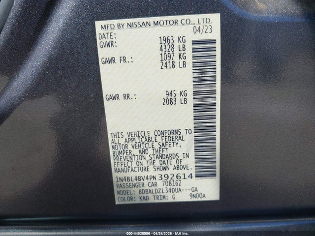 Aukcja sprzedaży 2023 Nissan Altima S Fwd, vin: 1N4BL4BV4PN392614, numer aukcji: 44928596