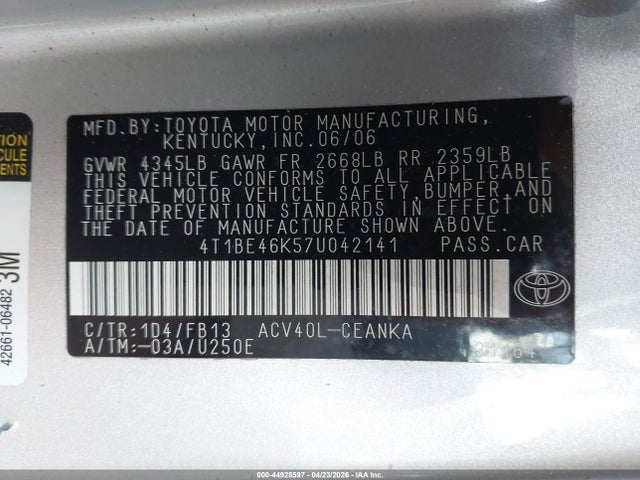 Продаж на аукціоні авто 2007 Toyota Camry Le, vin: 4T1BE46K57U042141, номер лоту: 44928597