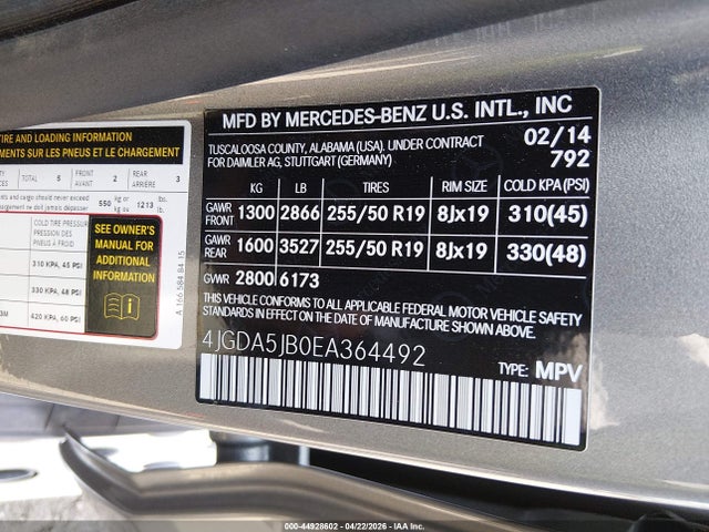 Aukcja sprzedaży 2014 Mercedes-benz Ml 350, vin: 4JGDA5JB0EA364492, numer aukcji: 44928602