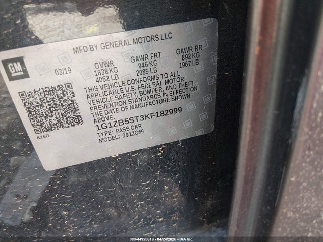 44928619 :رقم المزاد ، 1G1ZB5ST3KF182999 vin ، 2019 Chevrolet Malibu 1ls مزاد بيع