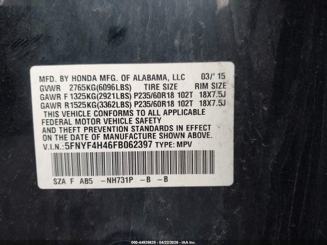2015 Honda Pilot Ex მანქანა იყიდება აუქციონზე, vin: 5FNYF4H46FB062397, აუქციონის ნომერი: 44928625
