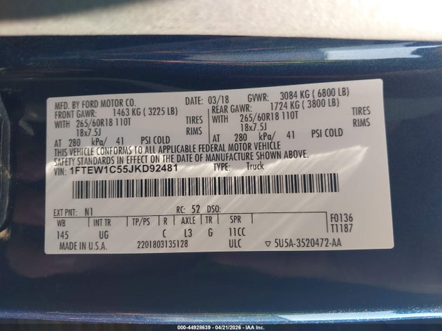 Auction sale of the 2018 Ford F-150 Xlt, vin: 1FTEW1C55JKD92481, lot number: 44928639