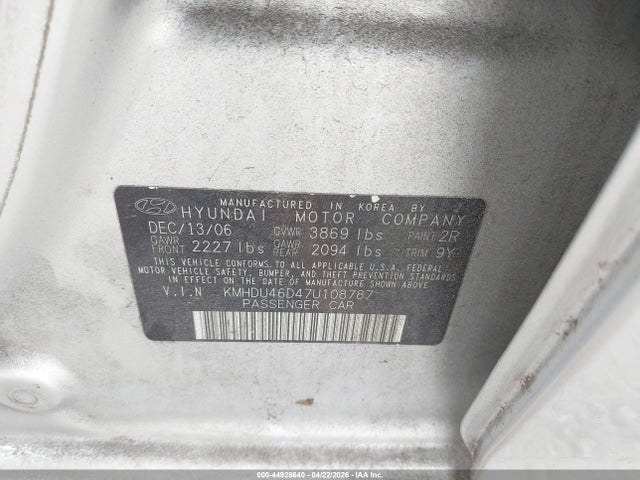 44928640 :رقم المزاد ، KMHDU46D47U108787 vin ، 2007 Hyundai Elantra Gls/limited/se مزاد بيع
