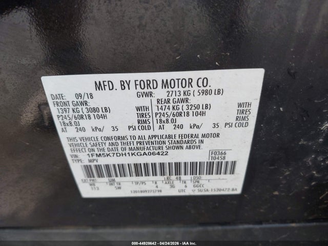 Aukcja sprzedaży 2019 Ford Explorer Xlt, vin: 1FM5K7DH1KGA06422, numer aukcji: 44928642