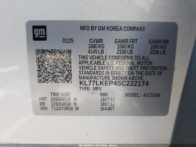 Aukcja sprzedaży 2025 Chevrolet Trax Fwd Activ, vin: KL77LKEP4SC222174, numer aukcji: 44928643