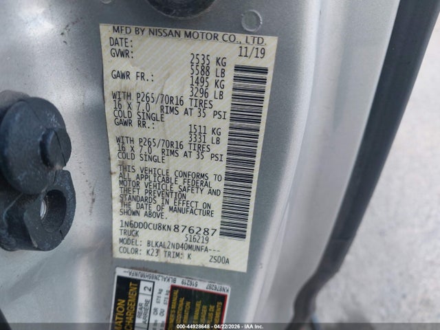 2019 Nissan Frontier Sv მანქანა იყიდება აუქციონზე, vin: 1N6DD0CU8KN876287, აუქციონის ნომერი: 44928648