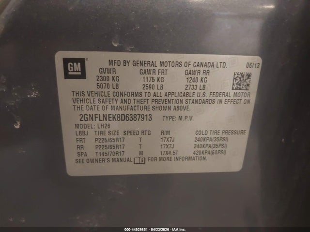 44928651 :رقم المزاد ، 2GNFLNEK8D6387913 vin ، 2013 Chevrolet Equinox 2lt مزاد بيع