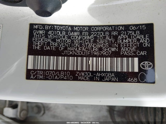44928652 :رقم المزاد ، JTDKN3DU1F1967907 vin ، 2015 Toyota Prius مزاد بيع