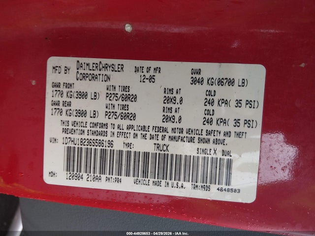 Auction sale of the 2006 Dodge Ram 1500 Slt/trx4 Off Road/sport, vin: 1D7HU18236S586196, lot number: 44928653