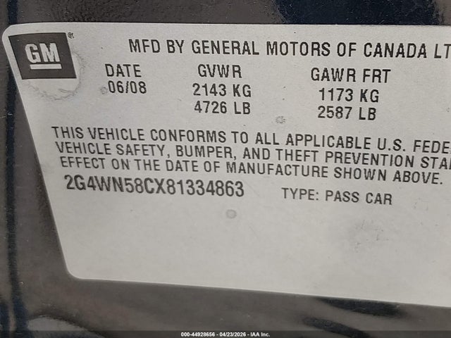 Продажа на аукционе авто 2008 Buick Lacrosse Super, vin: 2G4WN58CX81334863, номер лота: 44928656
