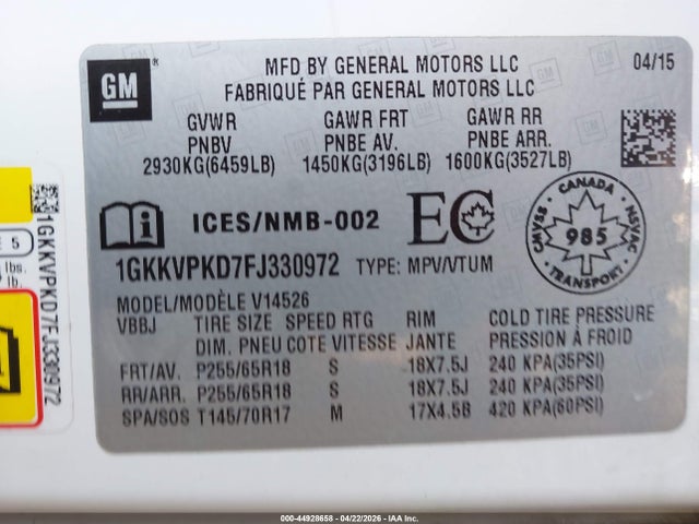 Продажа на аукционе авто 2015 Gmc Acadia Sle-2, vin: 1GKKVPKD7FJ330972, номер лота: 44928658