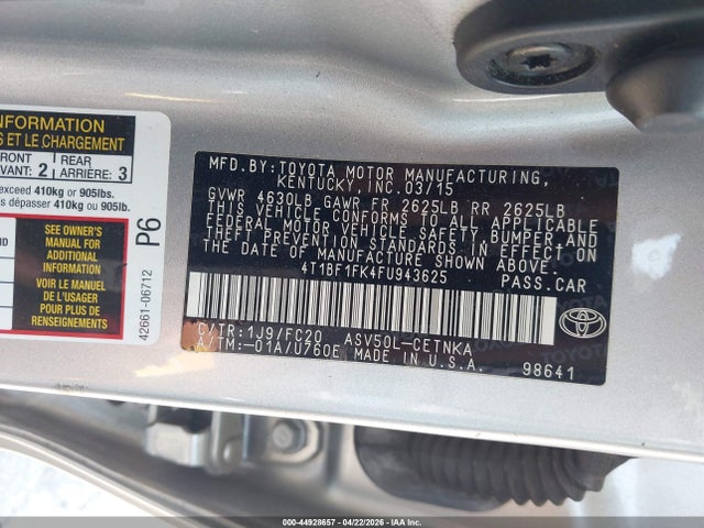 2015 Toyota Camry Le მანქანა იყიდება აუქციონზე, vin: 4T1BF1FK4FU943625, აუქციონის ნომერი: 44928657