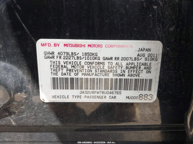Продаж на аукціоні авто 2011 Mitsubishi Lancer Gts, vin: JA32U8FW7BU046765, номер лоту: 44928663