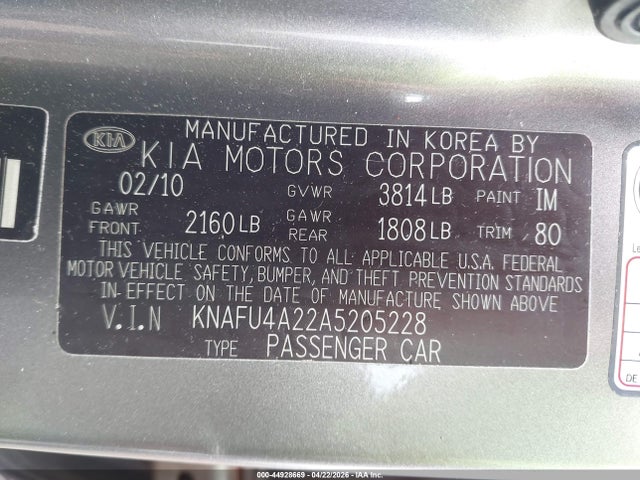 44928669 :رقم المزاد ، KNAFU4A22A5205228 vin ، 2010 Kia Forte Ex مزاد بيع