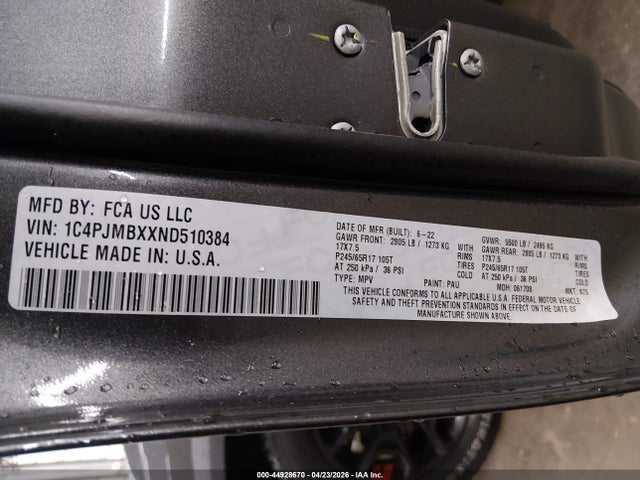 Auction sale of the 2022 Jeep Cherokee Trailhawk 4x4, vin: 1C4PJMBXXND510384, lot number: 44928670