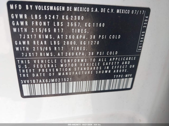 Aukcja sprzedaży 2018 Volkswagen Tiguan 2.0t S, vin: 3VV1B7AX6JM021521, numer aukcji: 44928673