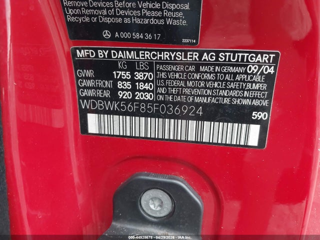44928678 :رقم المزاد ، WDBWK56F85F036924 vin ، 2005 Mercedes-benz Slk 350 مزاد بيع