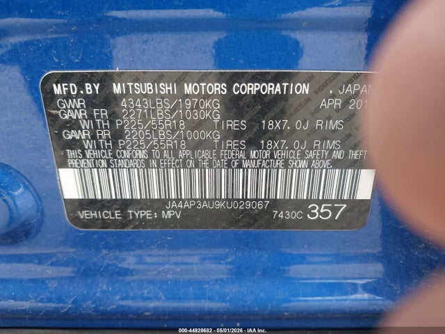 Продажа на аукционе авто 2019 Mitsubishi Outlander Sport 2.0 Es, vin: JA4AP3AU9KU029067, номер лота: 44928682