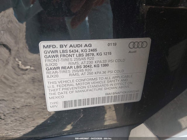 Aukcja sprzedaży 2019 Audi Q5 45 Premium, vin: WA1BNAFY0K2050248, numer aukcji: 44928687