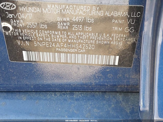 44928690 :رقم المزاد ، 5NPE24AF4HH542520 vin ، 2017 Hyundai Sonata مزاد بيع