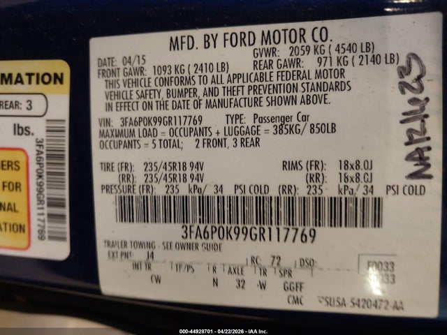 Aukcja sprzedaży 2016 Ford Fusion Titanium, vin: 3FA6P0K99GR117769, numer aukcji: 44928701