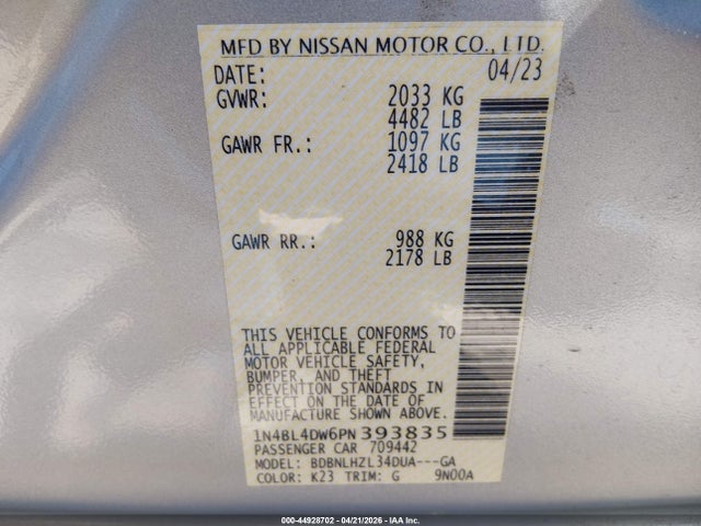Продажа на аукционе авто 2023 Nissan Altima Sv Intelligent Awd, vin: 1N4BL4DW6PN393835, номер лота: 44928702