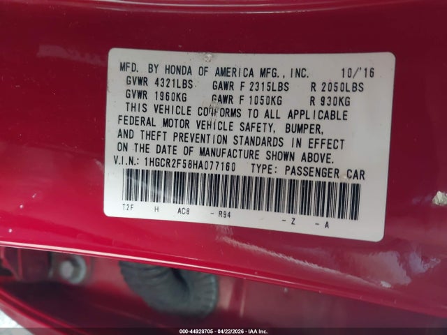 Auction sale of the 2017 Honda Accord Sport, vin: 1HGCR2F58HA077160, lot number: 44928705