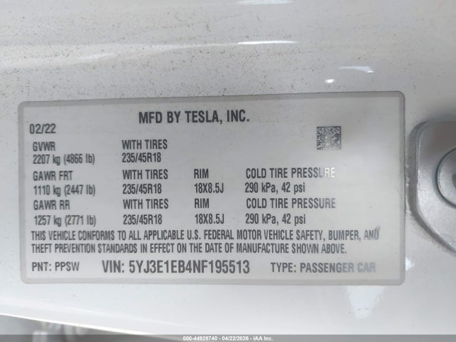 2022 Tesla Model 3 Long Range Dual Motor All-wheel Drive მანქანა იყიდება აუქციონზე, vin: 5YJ3E1EB4NF195513, აუქციონის ნომერი: 44928740