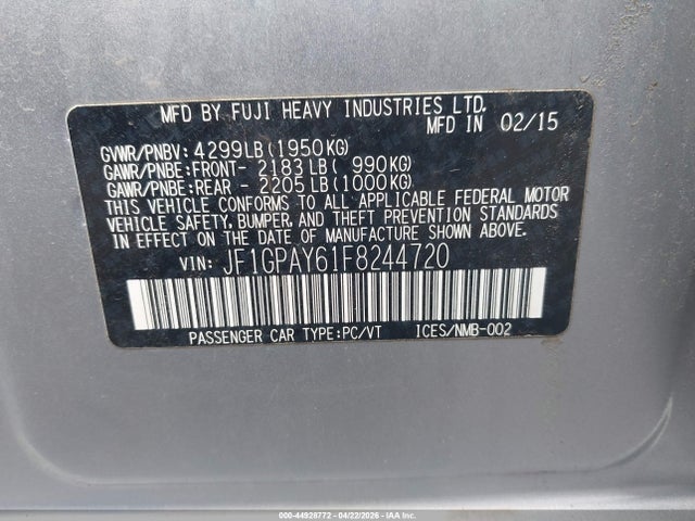 Продажа на аукционе авто 2015 Subaru Impreza 2.0i Sport Premium, vin: JF1GPAY61F8244720, номер лота: 44928772