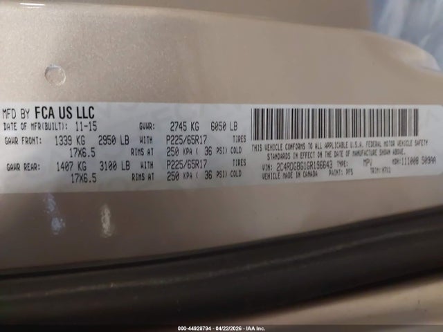 Aukcja sprzedaży 2016 Dodge Grand Caravan American Value Pkg, vin: 2C4RDGBG1GR196643, numer aukcji: 44928794