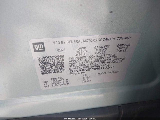 Продажа на аукционе авто 2022 Chevrolet Equinox Fwd Lt, vin: 2GNAXKEV0N6112108, номер лота: 44928807