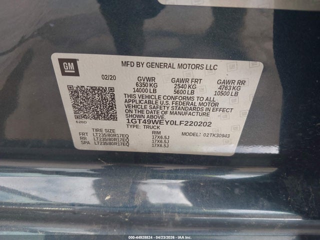 Aukcja sprzedaży 2020 Gmc Sierra 3500hd 4wd  Long Bed Denali, vin: 1GT49WEY0LF220202, numer aukcji: 44928824