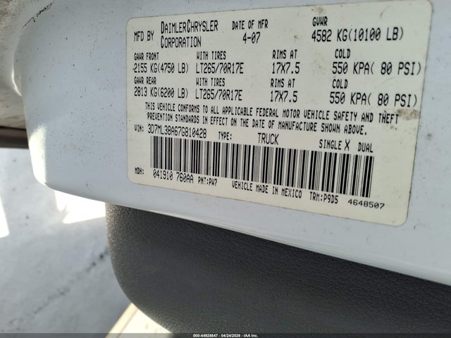 2007 Dodge Ram 3500 St მანქანა იყიდება აუქციონზე, vin: 3D7ML38A67G810428, აუქციონის ნომერი: 44928847