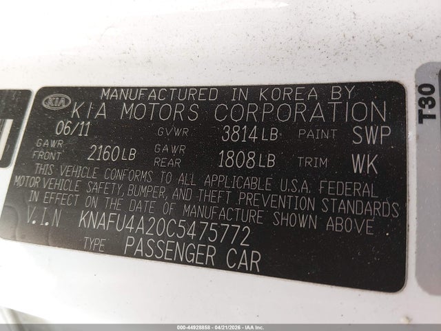 2012 Kia Forte Ex მანქანა იყიდება აუქციონზე, vin: KNAFU4A20C5475772, აუქციონის ნომერი: 44928858