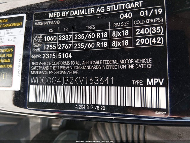 44928870 :رقم المزاد ، WDC0G4JB2KV163641 vin ، 2019 Mercedes-benz Glc 300 مزاد بيع