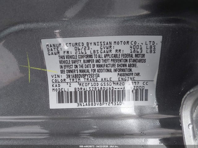 Aukcja sprzedaży 2023 Nissan Sentra Sr Xtronic Cvt, vin: 3N1AB8DV8PY293104, numer aukcji: 44928872