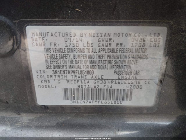2015 Nissan Versa 1.6 S+ მანქანა იყიდება აუქციონზე, vin: 3N1CN7AP9FL851800, აუქციონის ნომერი: 44928894