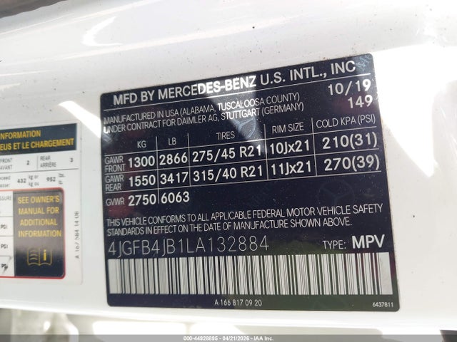 44928895 :رقم المزاد ، 4JGFB4JB1LA132884 vin ، 2020 Mercedes-benz Gle 350 مزاد بيع