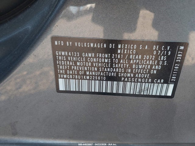 44928907 :رقم المزاد ، 3VWGB7BU1KM225610 vin ، 2019 Volkswagen Jetta 1.4t Sel Premium مزاد بيع