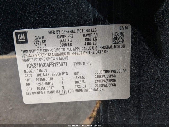 Aukcja sprzedaży 2015 Gmc Yukon Sle, vin: 1GKS1AKC4FR125871, numer aukcji: 44928924