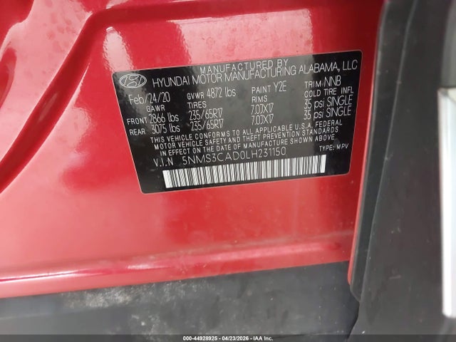 Aukcja sprzedaży 2020 Hyundai Santa Fe Sel, vin: 5NMS3CAD0LH231150, numer aukcji: 44928925