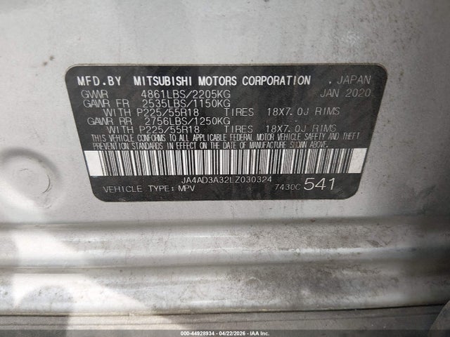 44928934 :رقم المزاد ، JA4AD3A32LZ030324 vin ، 2020 Mitsubishi Outlander Le 2.4/se 2.4/sel 2.4/sp 2.4 مزاد بيع