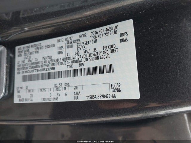 Продаж на аукціоні авто 2017 Ford Escape S, vin: 1FMCU0F79HUE23259, номер лоту: 44928937