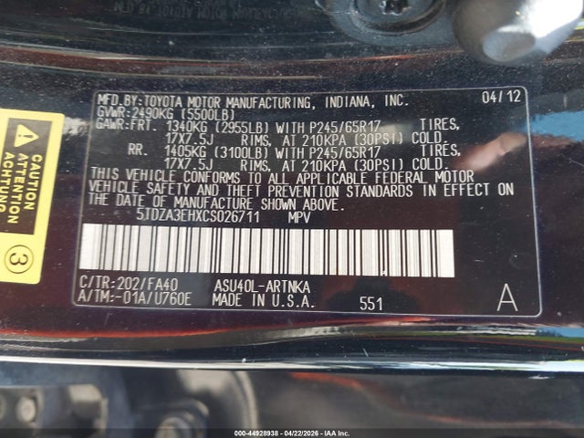 44928938 :رقم المزاد ، 5TDZA3EHXCS026711 vin ، 2012 Toyota Highlander مزاد بيع