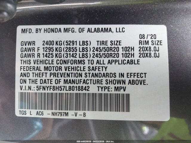 44928939 :رقم المزاد ، 5FNYF8H57LB018842 vin ، 2020 Honda Passport Awd Ex-l مزاد بيع